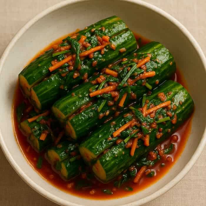 붉은 양념에 당근과 부추로 속을 채운 오이소박이가 정갈하게 놓여 있음