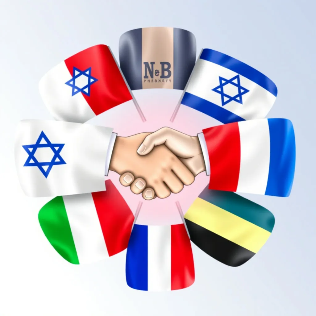 이스라엘 Pharma Two B, 이탈리아 Newron 등 글로벌 제약사들과의 파트너십을 상징하는 이미지입니다.