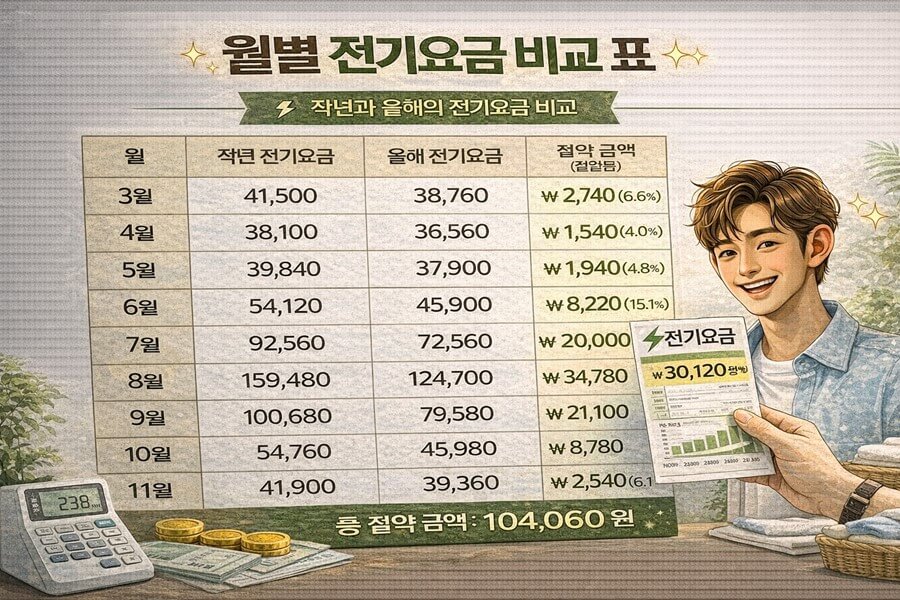 월별 전기요금 비교 표