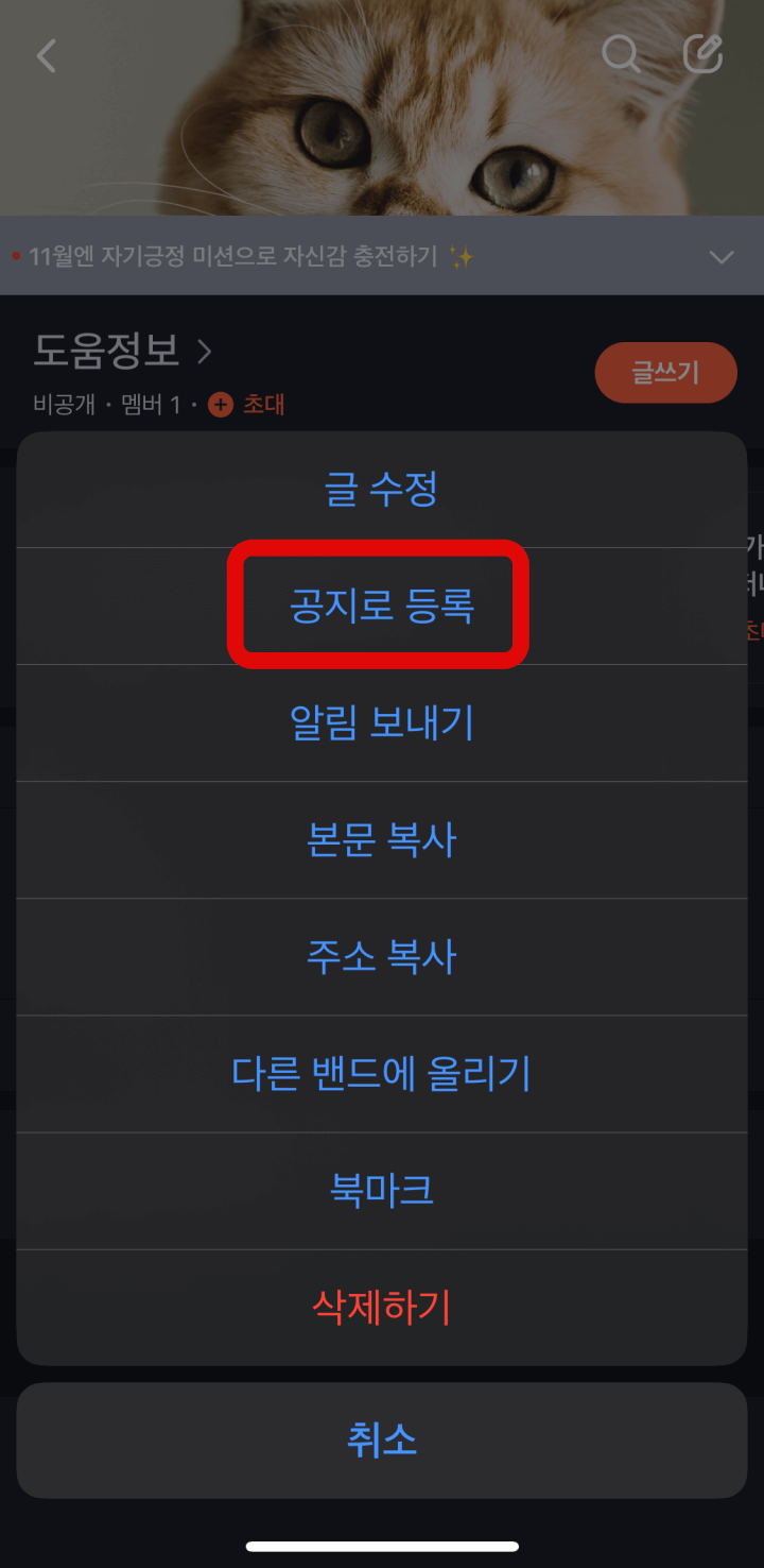 네이버밴드-기존글-공지등록