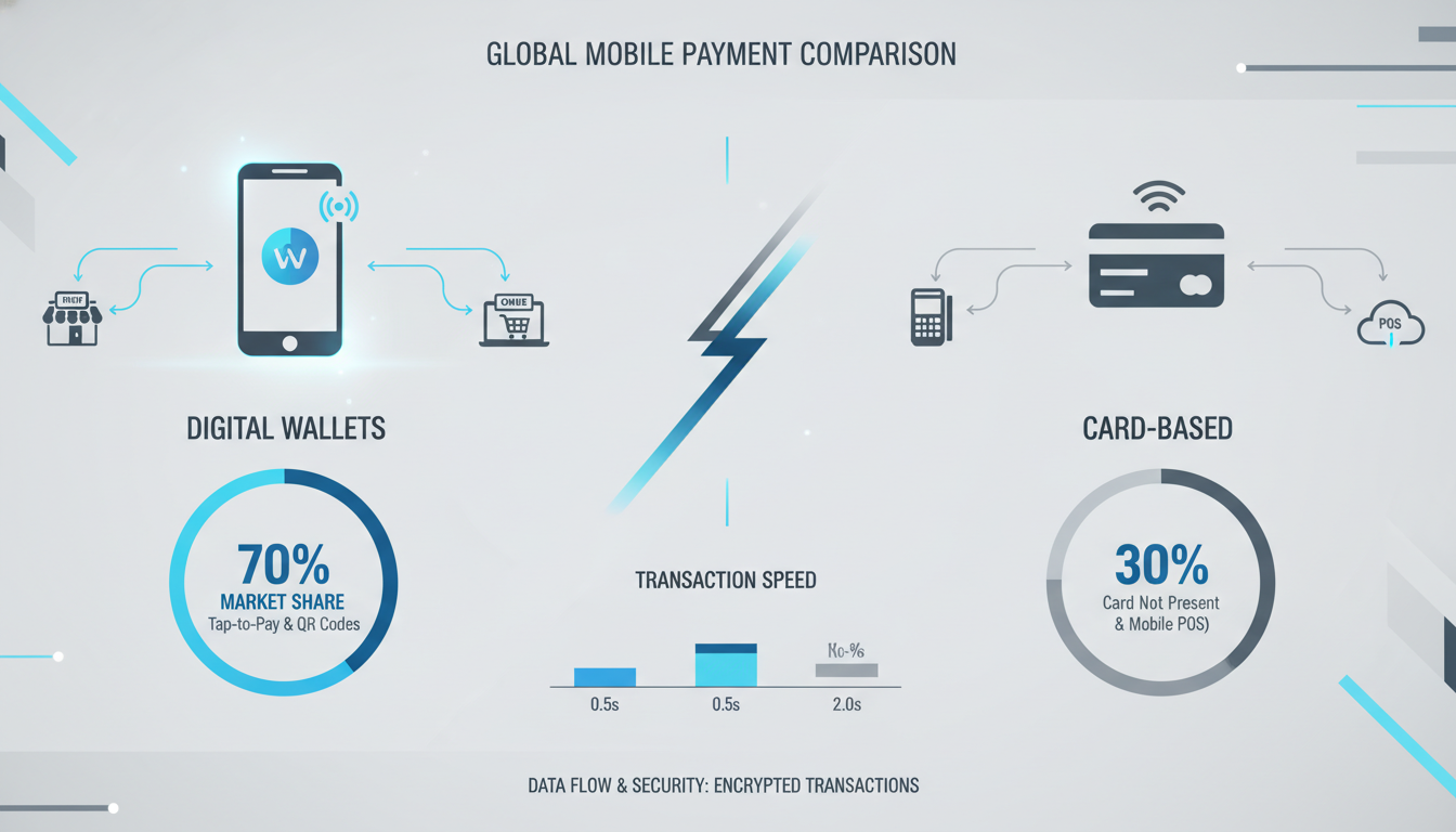 스마트폰, 신용카드, 퍼센트 차트 아이콘을 활용하여 주요 간편결제 서비스의 특징을 비교하는 모던한 인포그래픽 이미지
