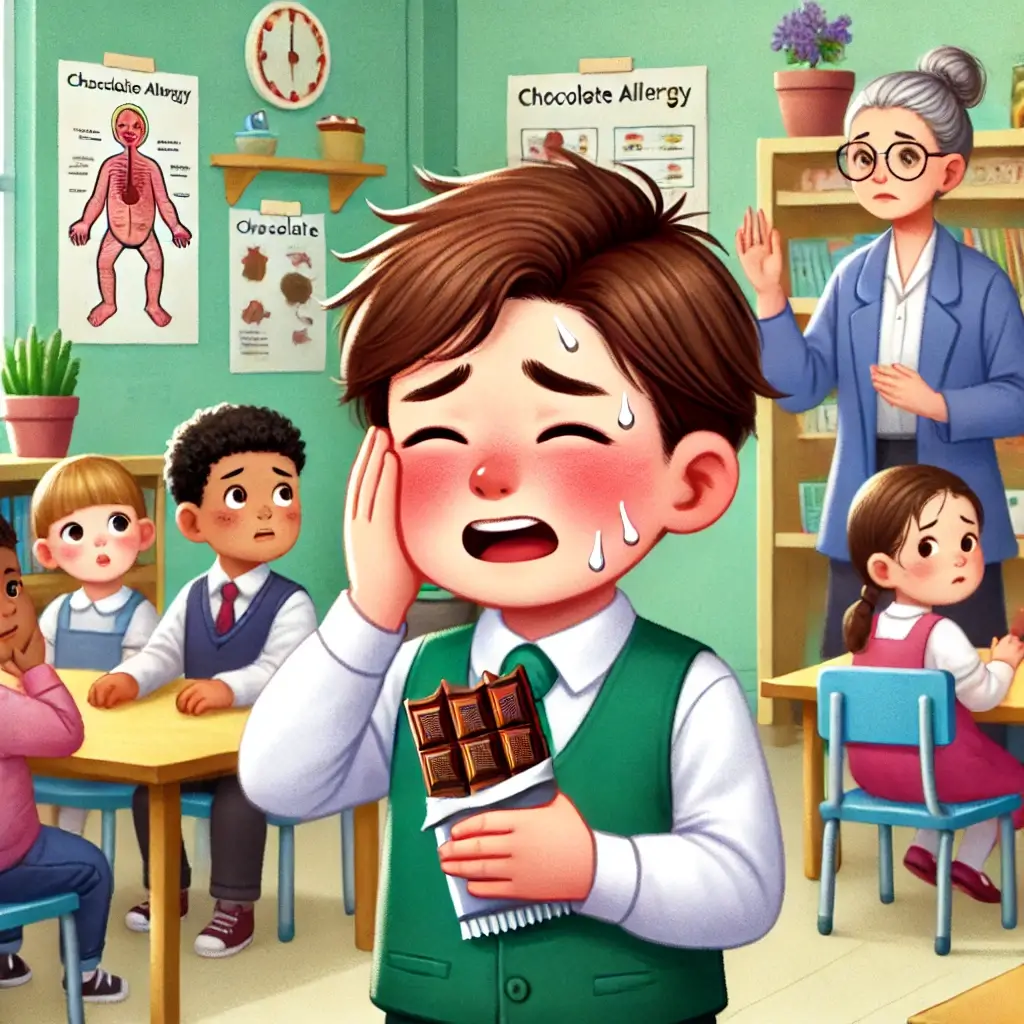 초콜렛을 먹고 알레르기 반응으로 땀을 흘리는 모습