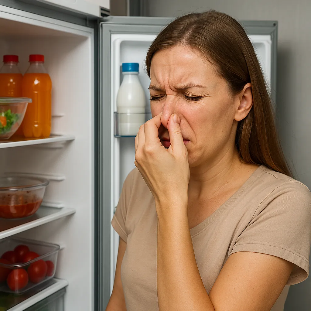 냉장고-문을-열고-냄새를-맡으며-코를-막는-여성의-표정과-배경-음식들