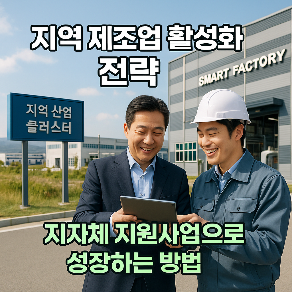 산업단지 스마트공장 앞에서 태블릿을 확인하며 웃는 대표와 엔지니어