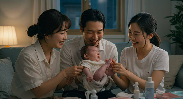 가족이 아기 손톱관리 마무리하는 장면