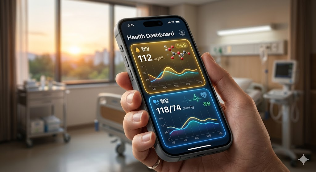 "아이폰 건강 앱을 통해 실시간으로 혈당과 혈압 수치를 모니터링하는 스마트한 건강 관리 모습