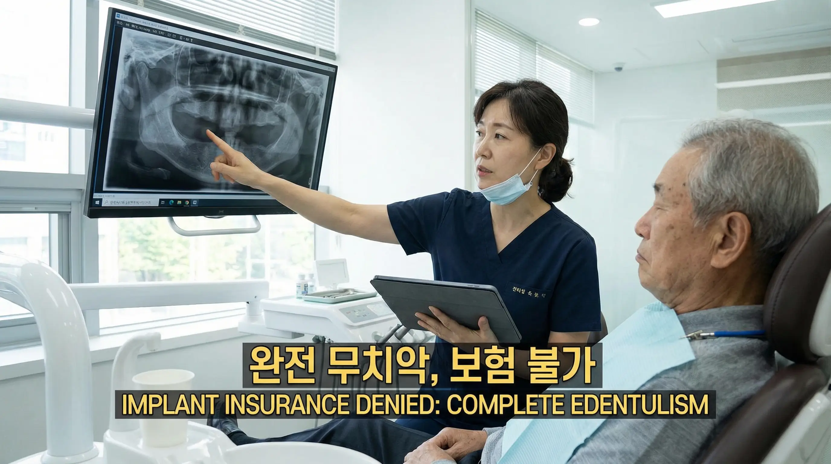 치과 의사가 엑스레이를 가리키며 완전 무치악 상태라 임플란트 보험이 안 된다고 설명하는 모습