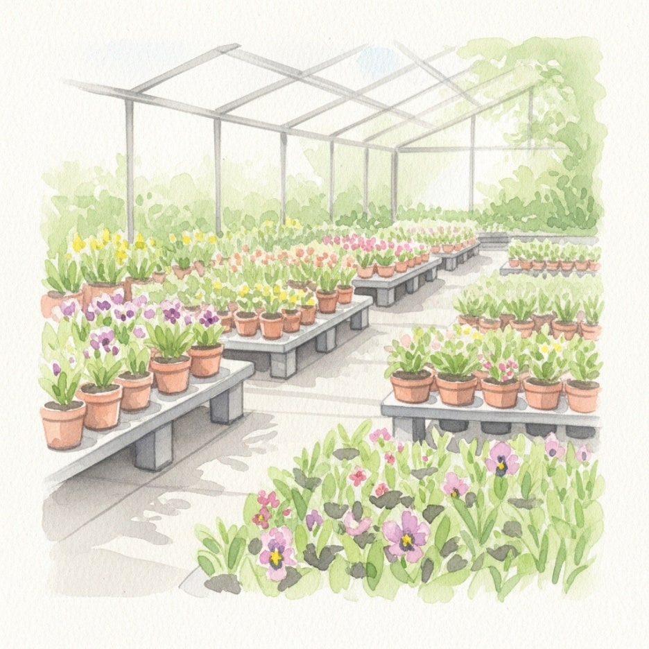 다양한 묘목들이 가득한 평화로운 화원 풍경