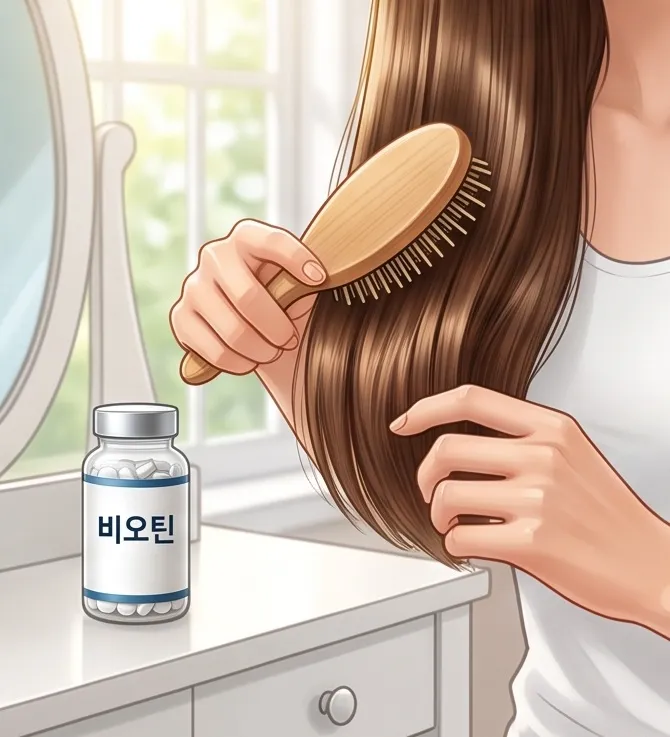 화장대 앞에서 빗으로 머리를 빗고 있는 여성과 그 옆에 놓인 비오틴 영양제 병 일러스트