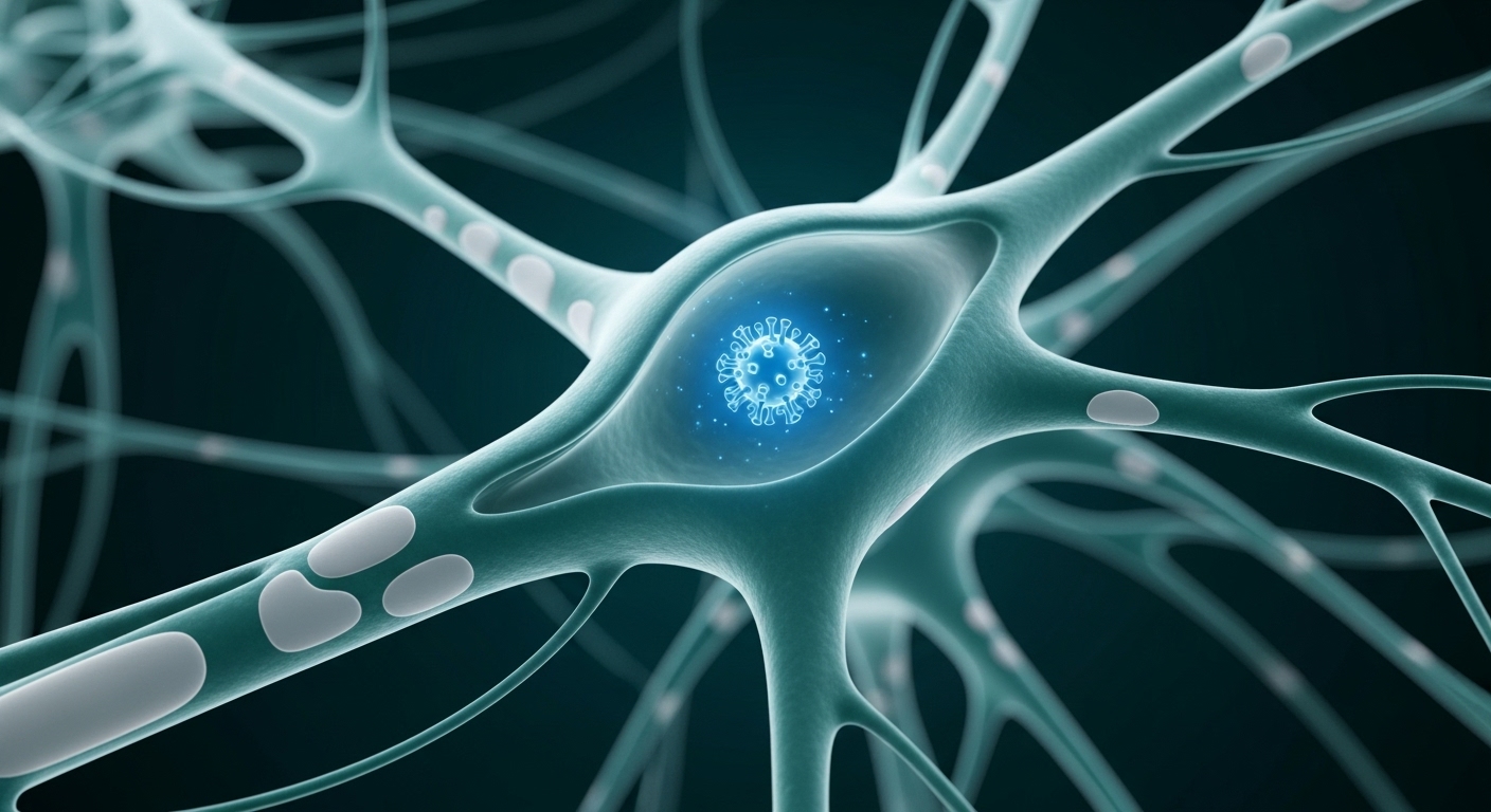 사람의 신경절에 잠복해 있는 헤르페스 바이러스의 개념도