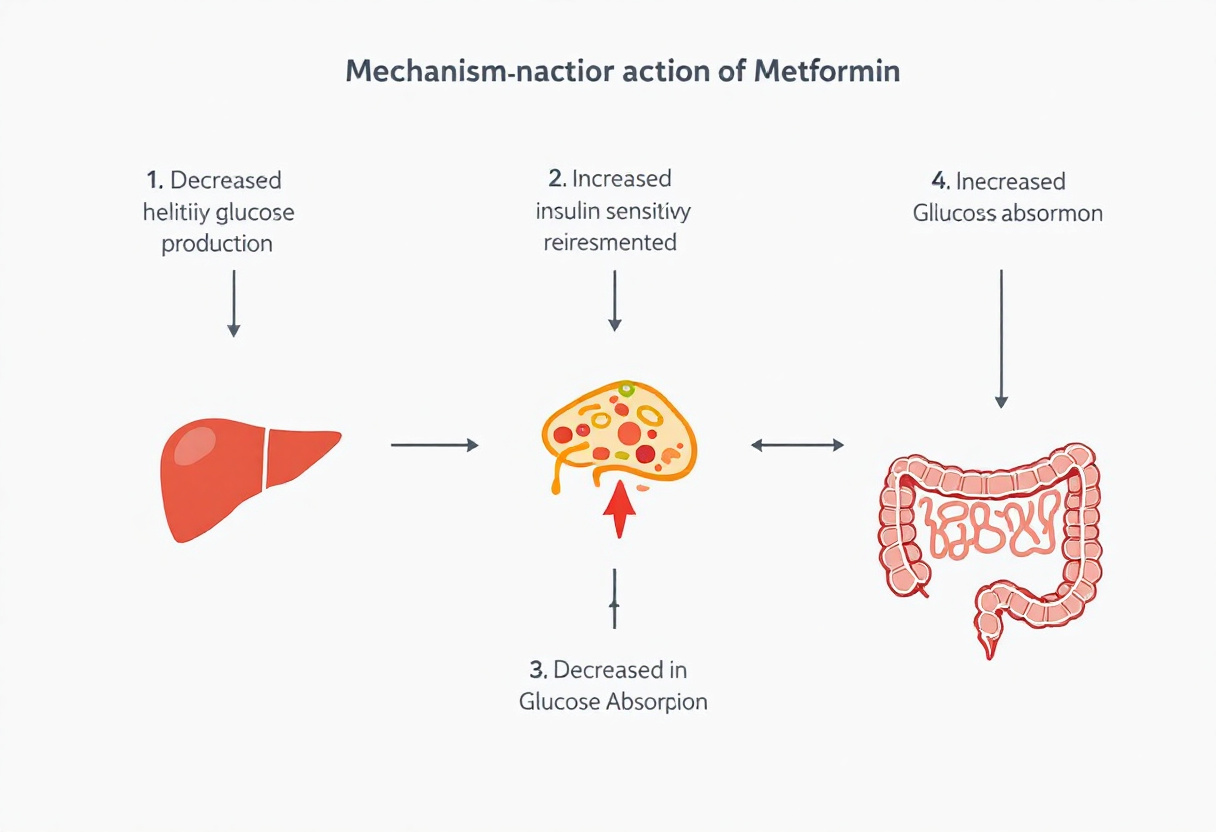 메트포르민의 작용 기전을 시각화한 도식: 간의 포도당 생산 억제, 인슐린 감수성 증가, 장내 포도당 흡수 억제"