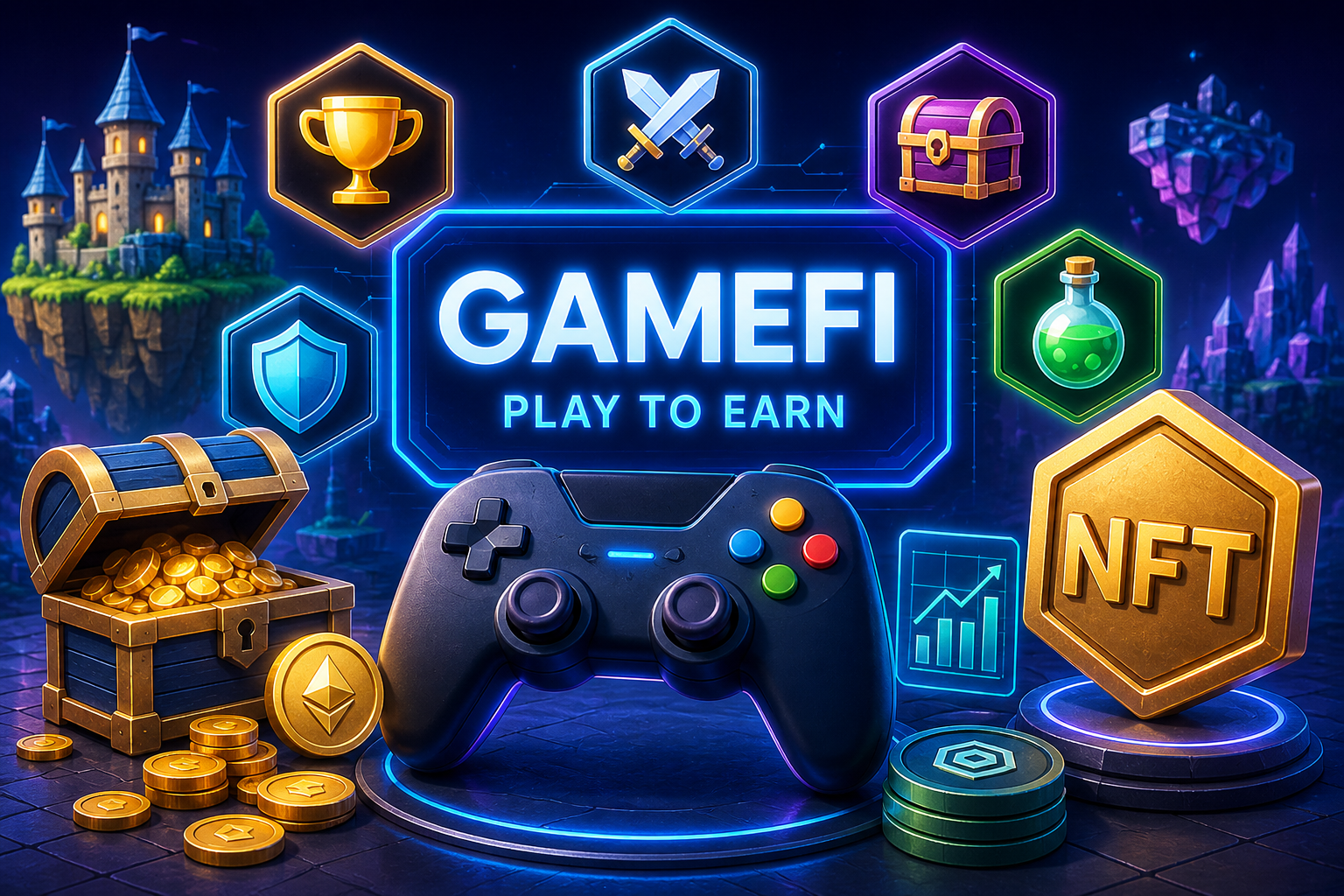 GameFi 게임과 NFT, 토큰을 표현한 이미지