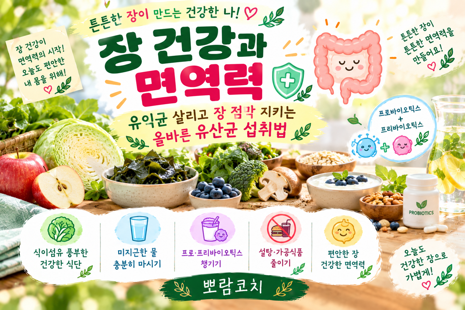신선한 사과, 양배추, 미역 등 식이섬유가 가득한 장 건강에 좋은 정갈한 식탁