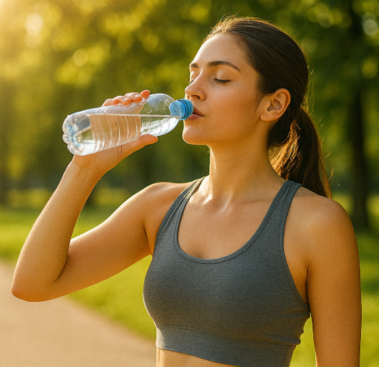 여름 햇살 속에서 물을 마시는 건강한 여성 이미지