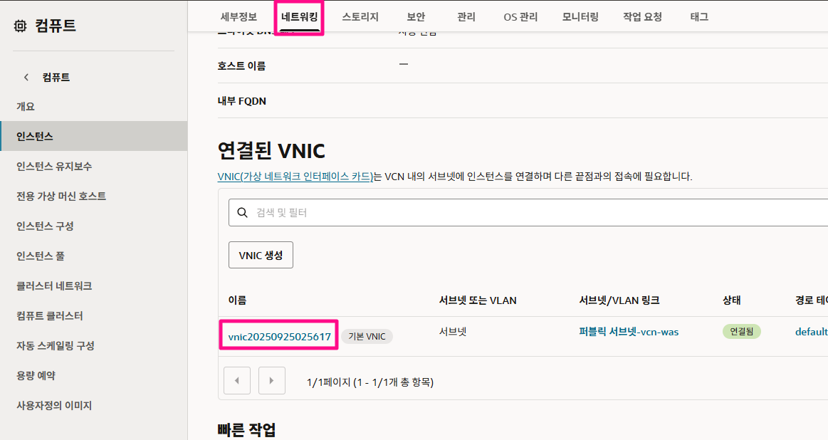 상단 네트워킹 메뉴를 클릭하고 VNIC 이름을 클릭