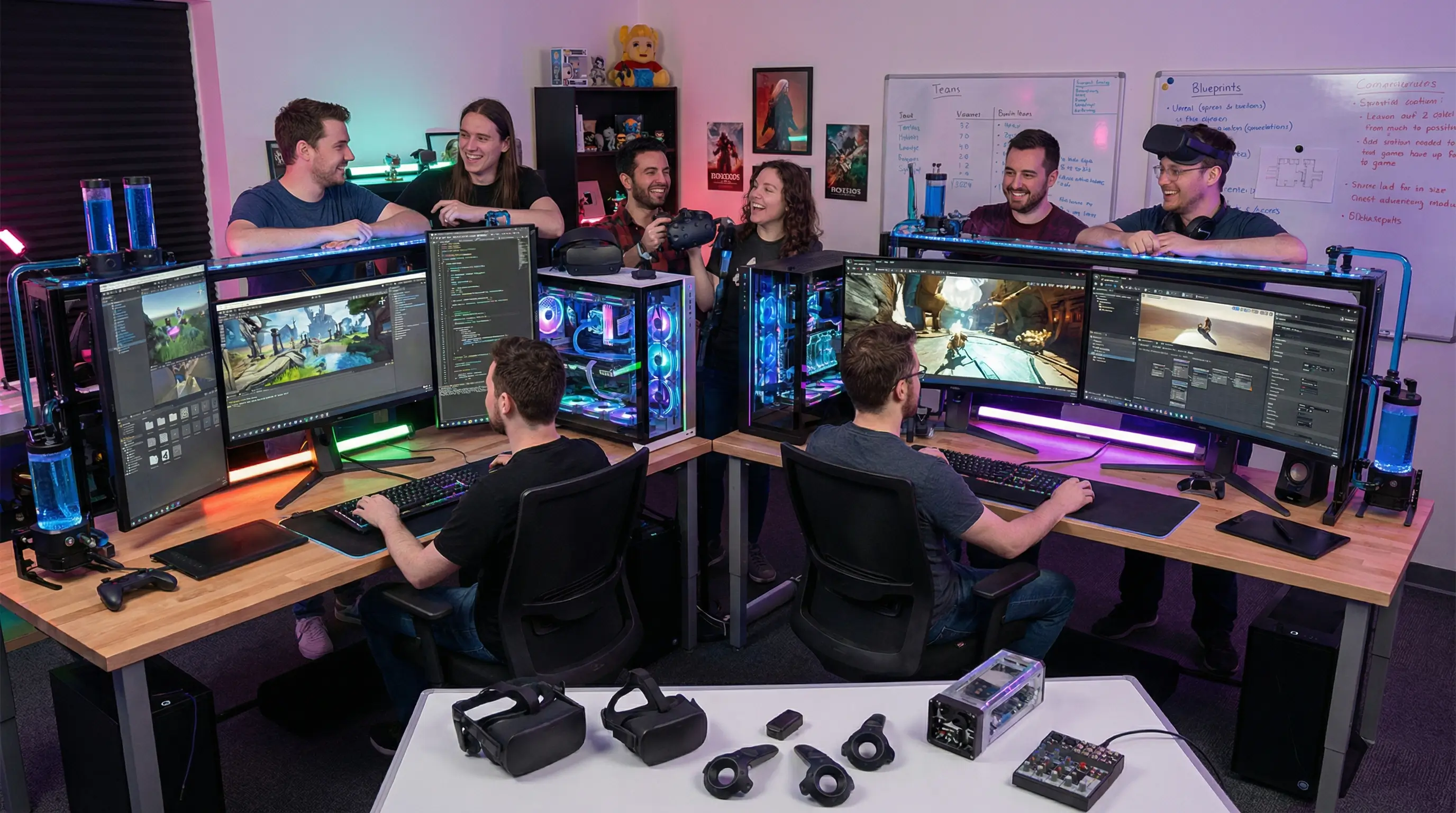 최신 컴퓨터 장비로 유니티 및 언리얼 엔진을 활용해 3D 게임 개발 프로젝트를 진행하는 모습