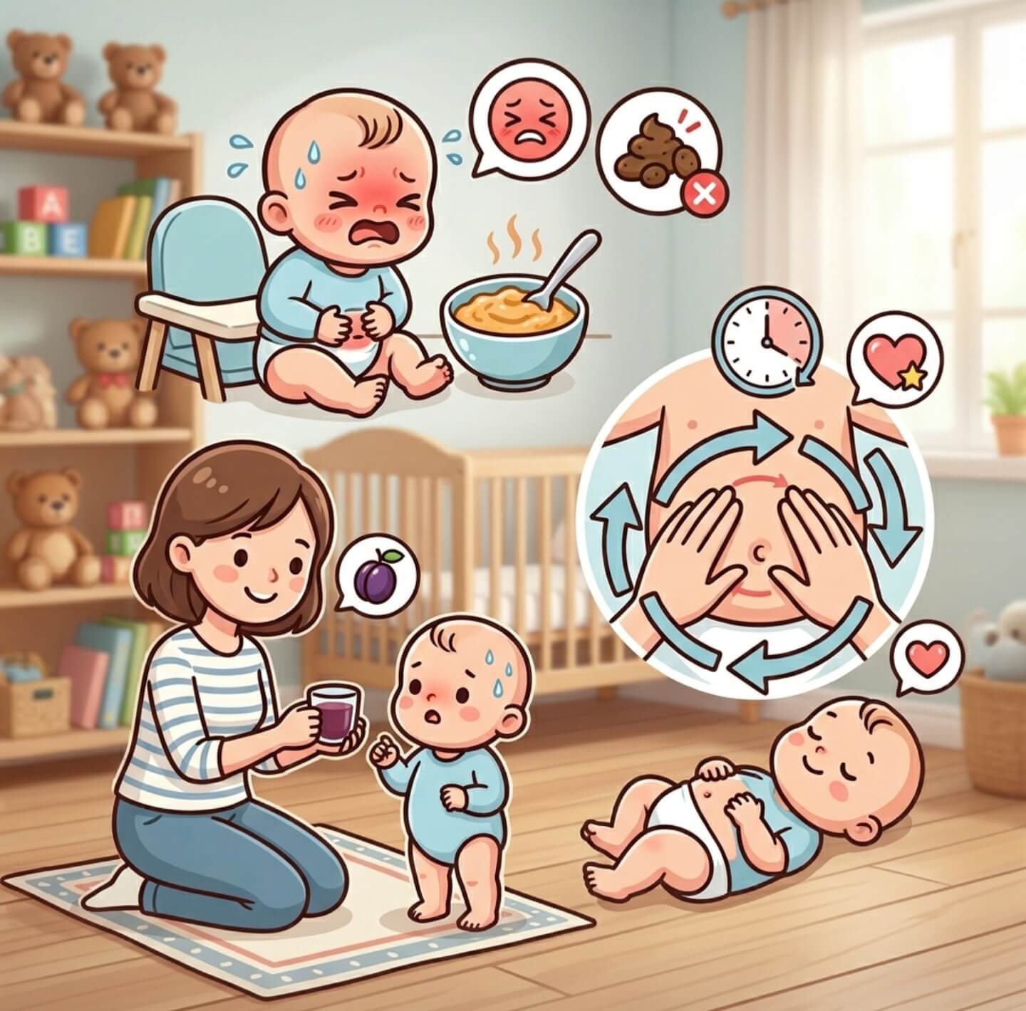 이유식 시작 후 아기 변비 원인과 푸룬주스 시기별 가이드, 배 마사지 방법 총정리