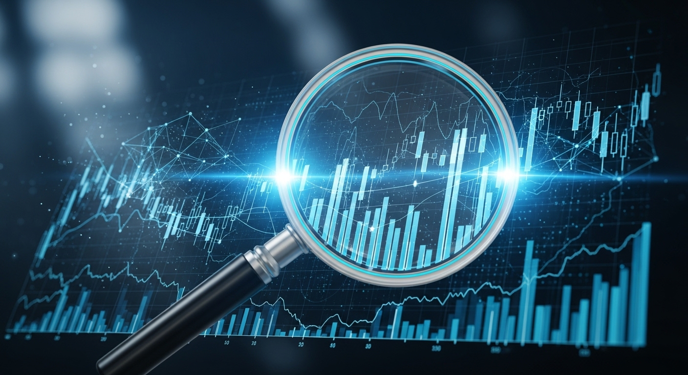 "A professional, futuristic image showing a magnifying glass analyzing complex stock charts overlaid with glowing digital data and abstract blue AI network connections. The overall mood is serious and trustworthy."