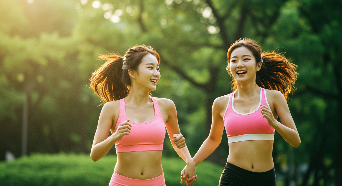 즐겁게 달리고 있는 한국여성 두명.