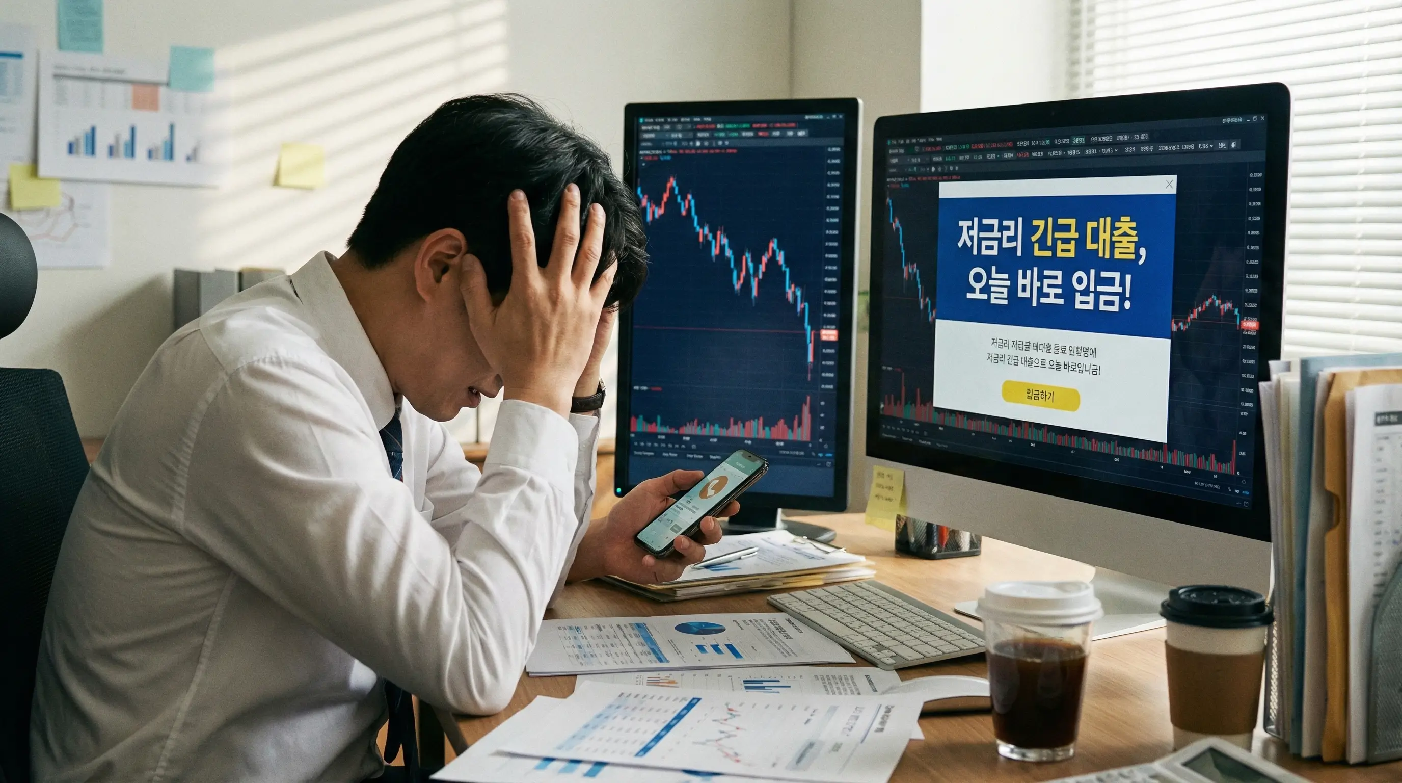 주식 차트가 하락하여 매도를 고민하는 투자자가 대출이라는 대안을 찾고 안도하는 모습