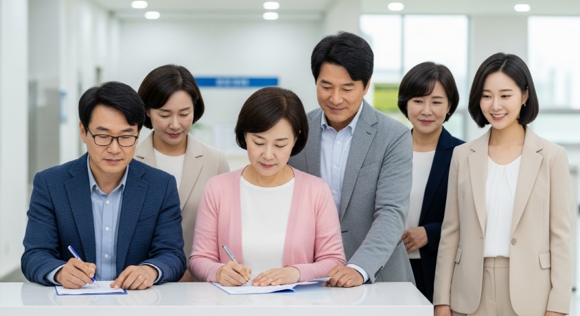 사람들의 신청 장면