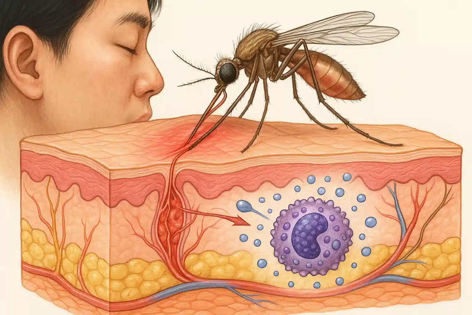 곤충이 피부를 뚫고 타액과 독액을 주입하는 과정, 알레르기 반응을 나타내는 면역 세포와 히스타민 분비