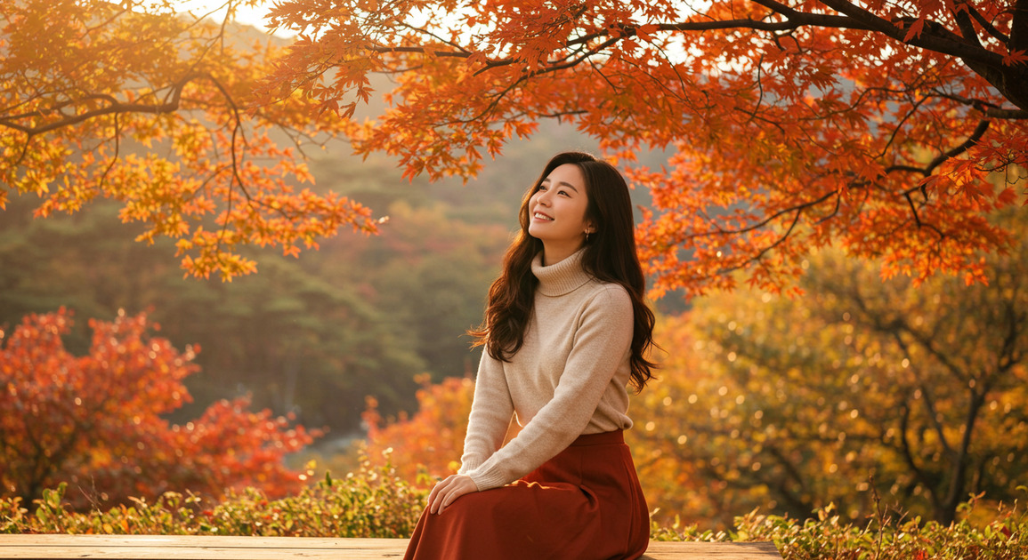 단풍 절정 시기 즐기는 여성 이미지