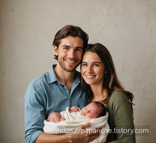 갓난 아이를 안고 행복해 하는 부부 모습