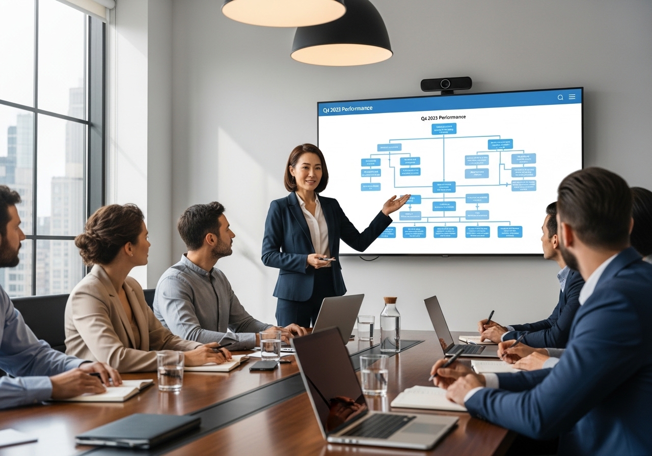 50대 한국인 여성, 회의실에서 조직도 화면 앞에서 미팅 주도