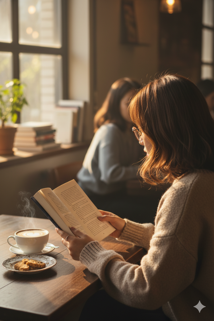 책을 읽고 있는 독자의 뒷모습 또는 커피와 책이 함께 있는 감성적인 이미지