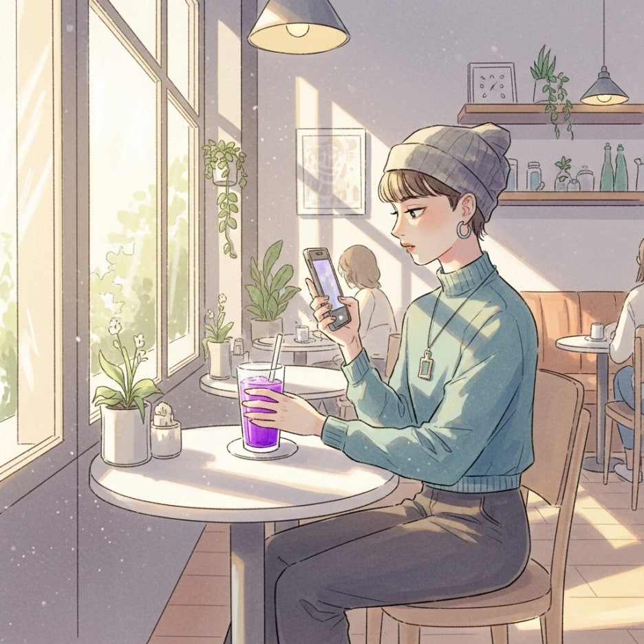 카페에서 보랏빛 음료를 촬영하는 밝은 풍경