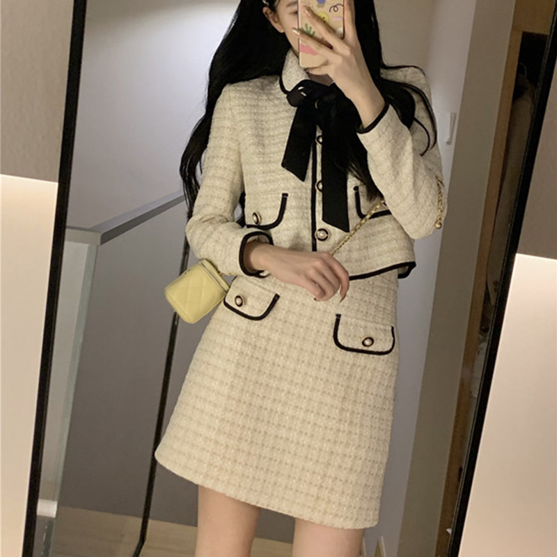 홍콩 겨울 트위드 투피스 자켓 치마 셋업-m