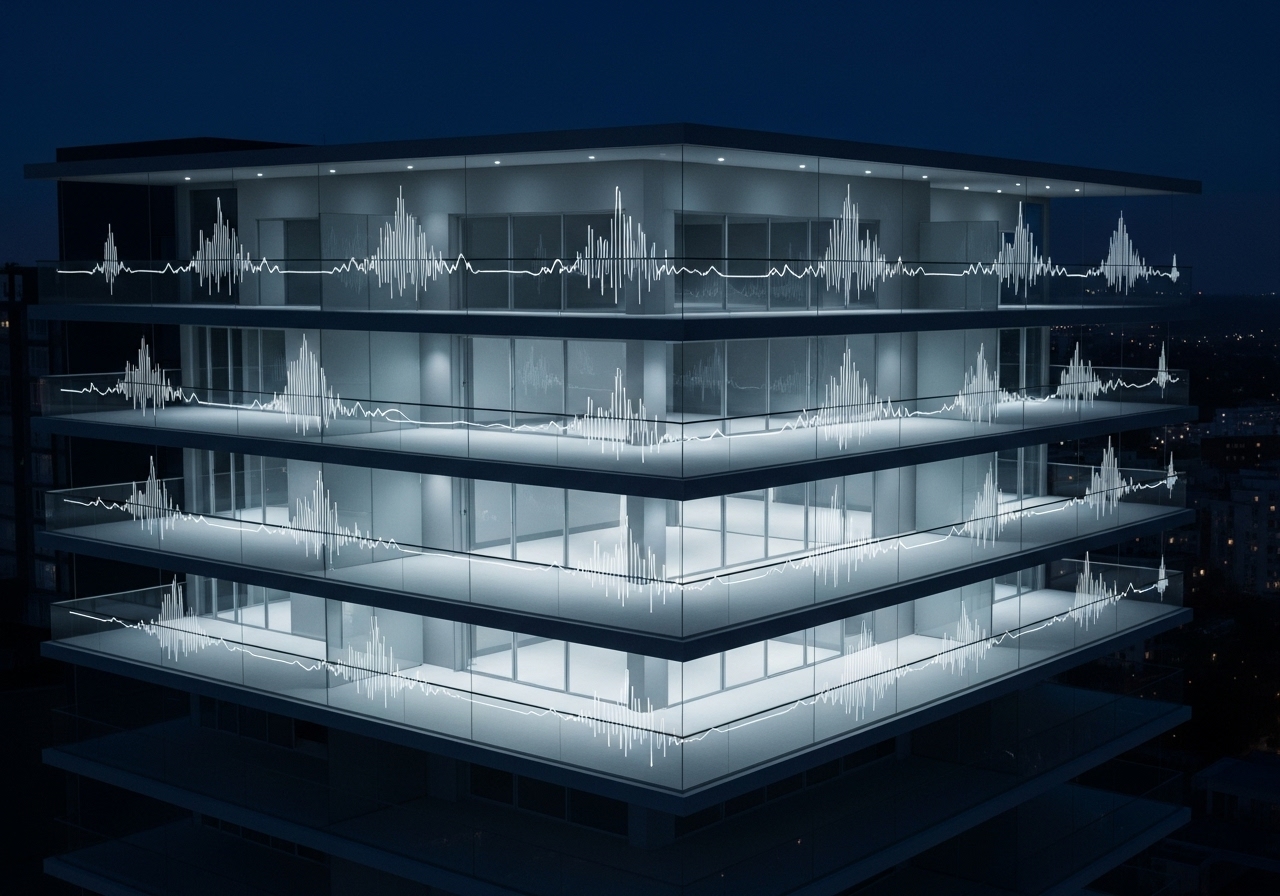 철근 콘크리트 구조의 건물에서 진동을 잘 전달함을 표현한 이미지