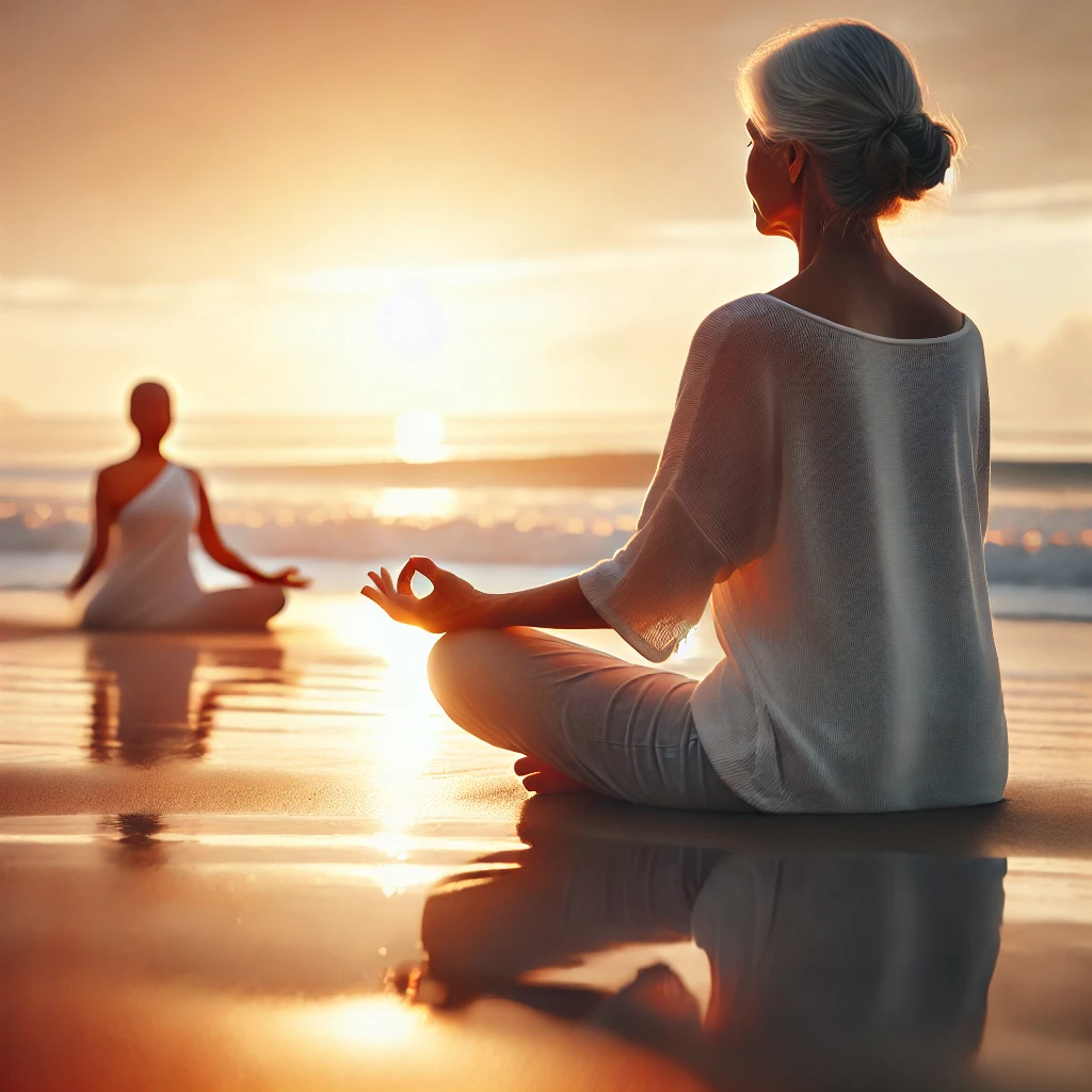 해변에서 일출을 보며 명상하는 노년 여성. 모래 위에 다리를 꼬고 앉아 바다를 향하고 있으며&amp;#44; 부드러운 황금빛 햇살이 평화롭고 반성적인 분위기를 연출