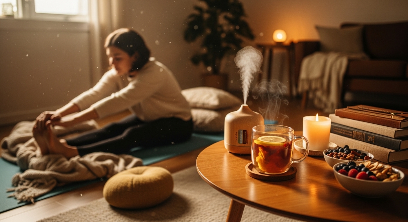 따뜻한 실내에서 부드러운 요가 자세로 스트레칭하며 몸을 이완시키는 사람의 모습