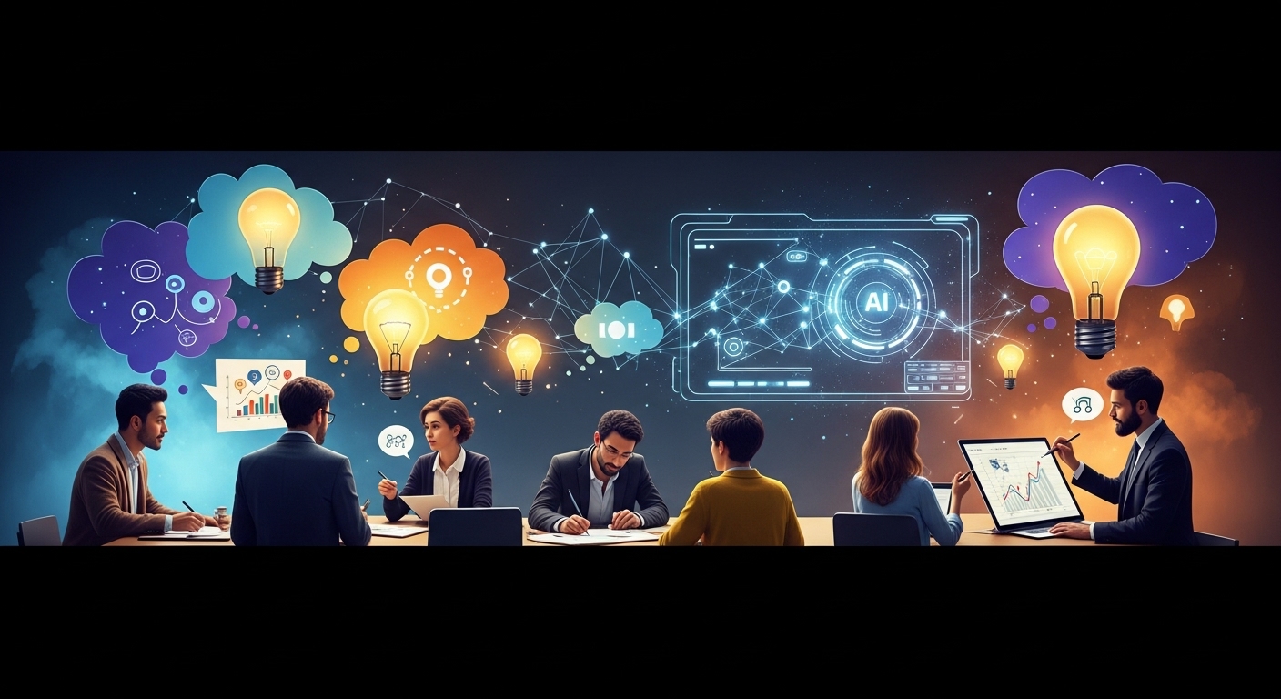 다양한 사람들이 모여 창의적으로 브레인스토밍하는 모습. AI가 보조하는 가운데 인간의 독창적인 아이디어와 문제 해결 능력이 빛을 발하는 장면입니다.