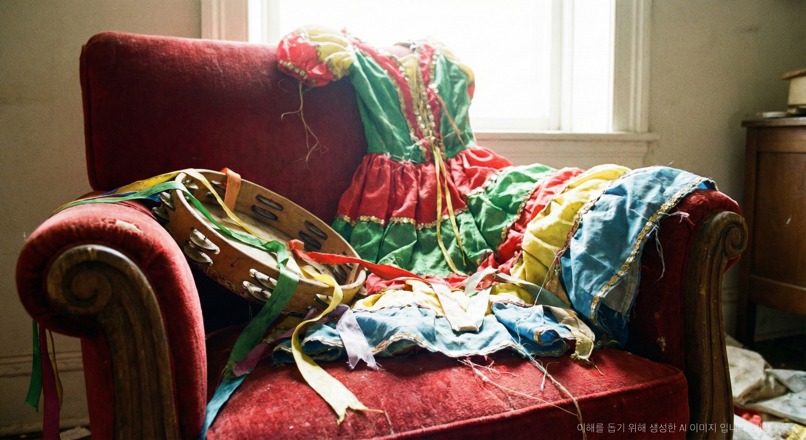 타란텔라 춤을 춘 후 의자에 아무렇게나 걸쳐진 화려한 드레스와 탬버린, 밝은 창가 햇살 아래 낡은 오브제