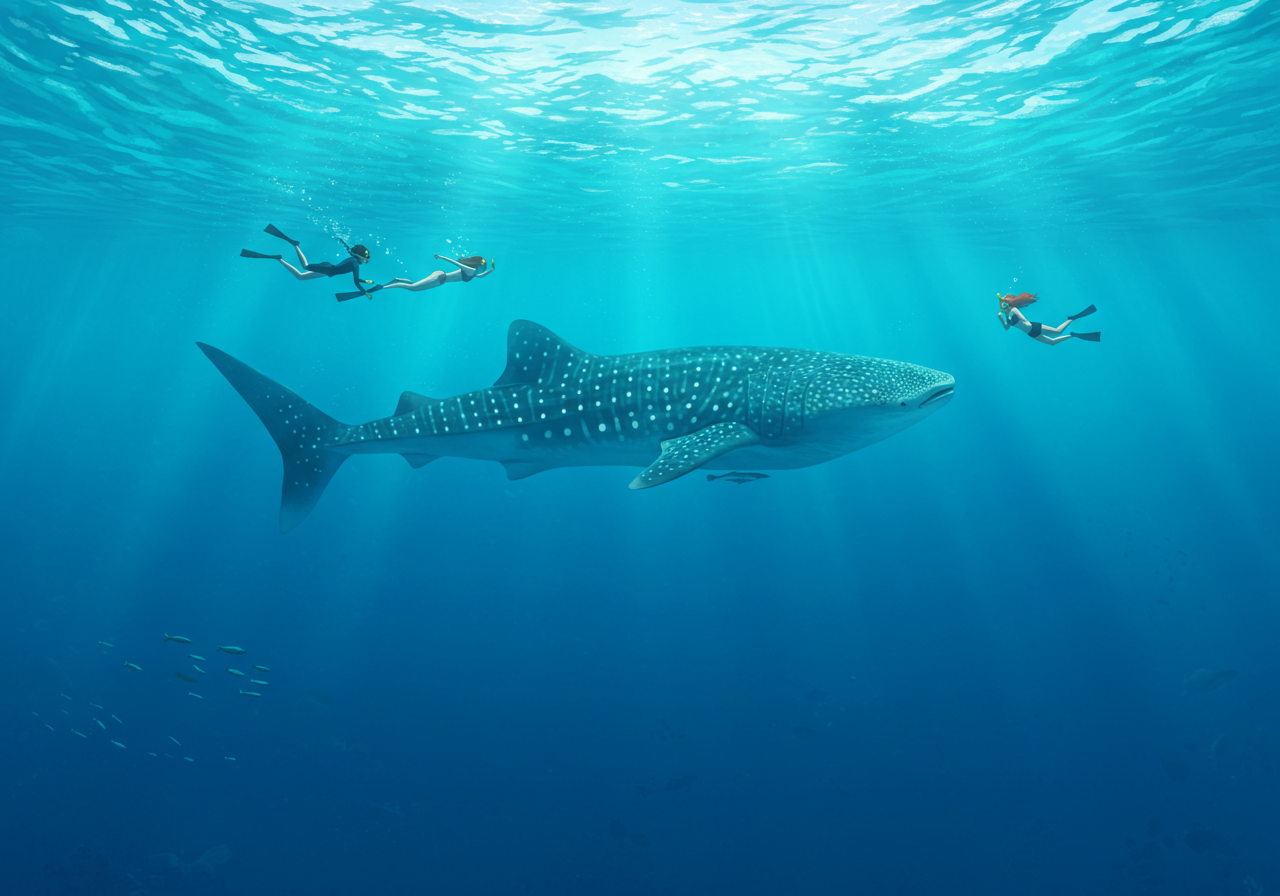 고래상어와 함께 스노클링하는 사람들 일러스트