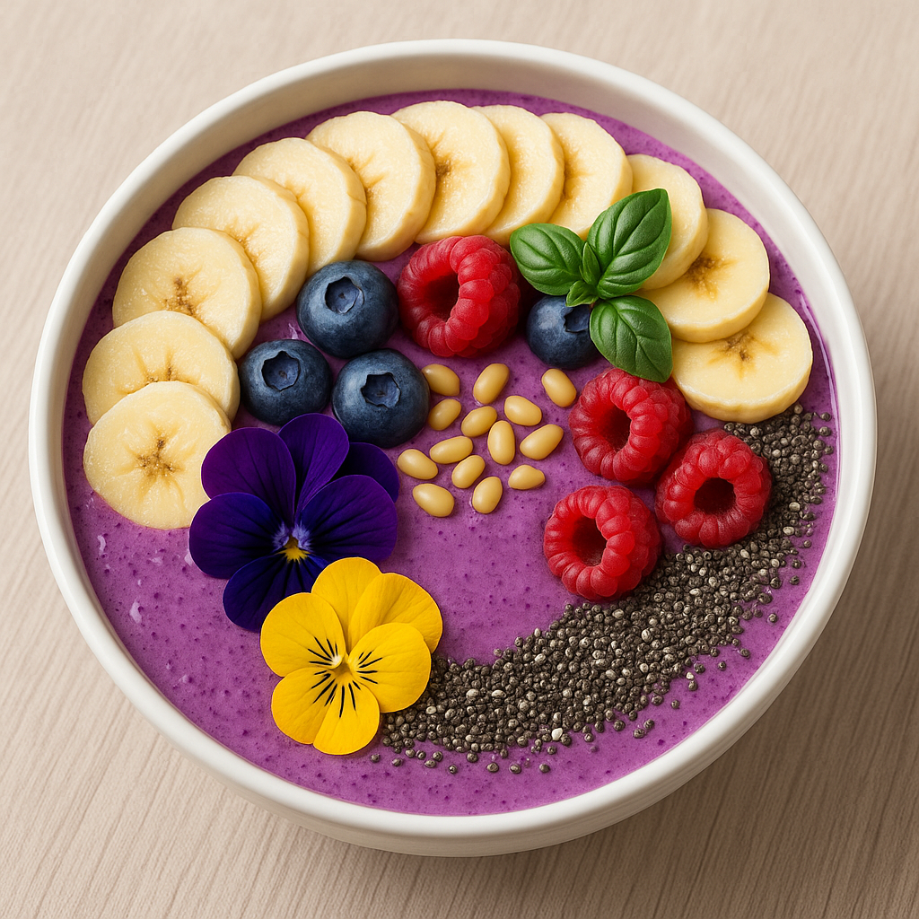 "블루베리 바질 스무디볼에 바나나, 라즈베리, 치아씨드, 식용꽃이 화려하게 토핑된 모습"