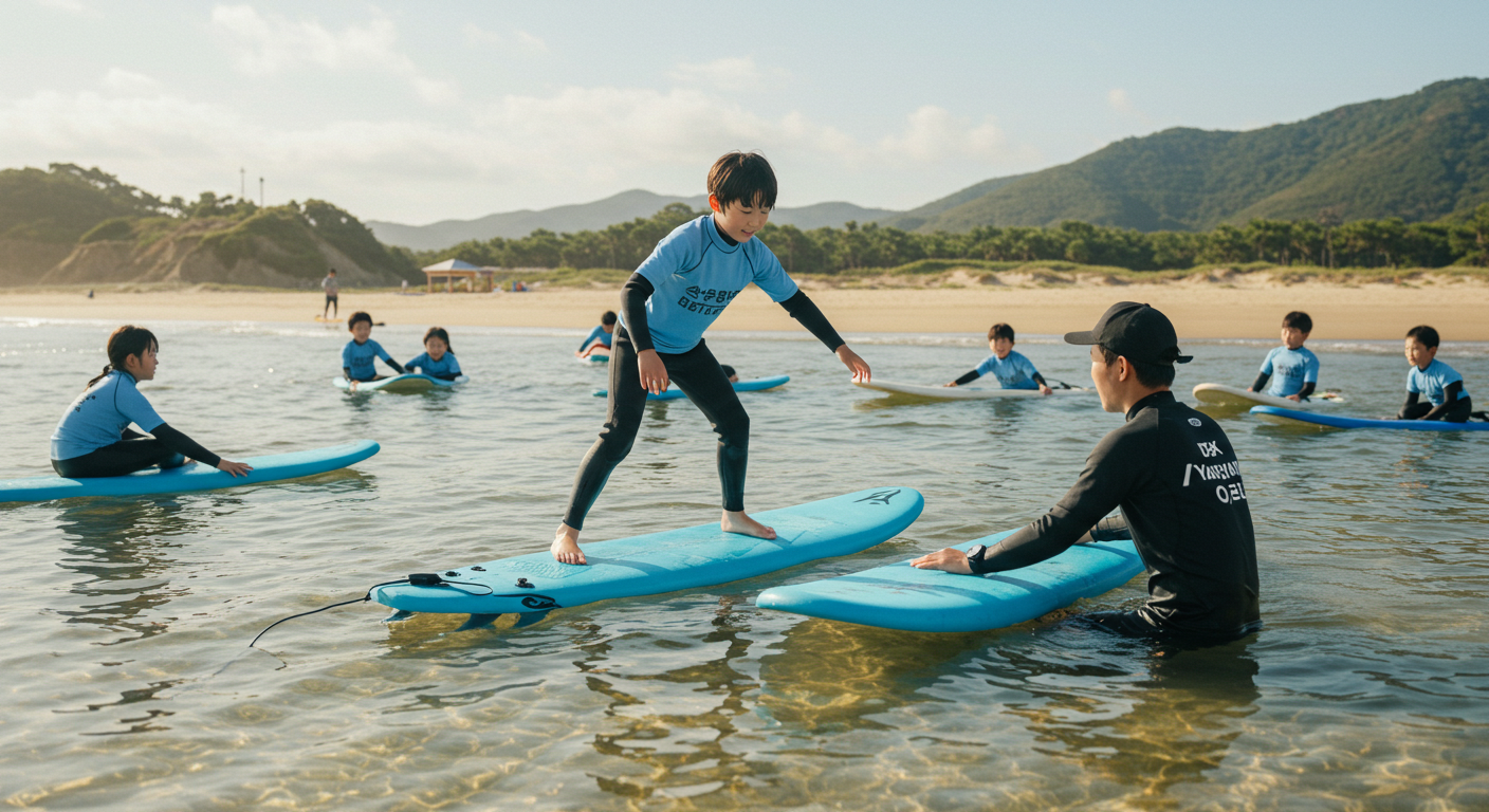 양양 서핑 스쿨에서 어린이가 강사의 도움을 받아 서핑을 배우는 모습