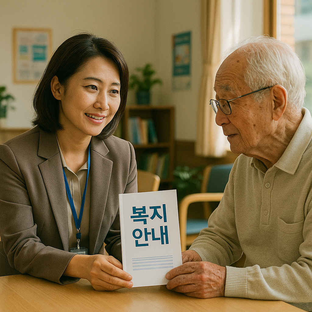 복지 담당자가 고령자에게 직접 서비스를 안내하는 모습. 찾아가는 복지 서비스의 현장 예시