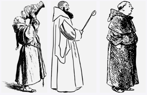 흑백 그림이고 고행자 3명이 서 있는 모습 입니다.