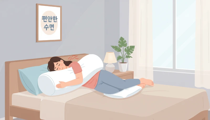 오십견 환자를 위한 올바른 옆으로 누운 수면 자세를 보여주는 일러스트