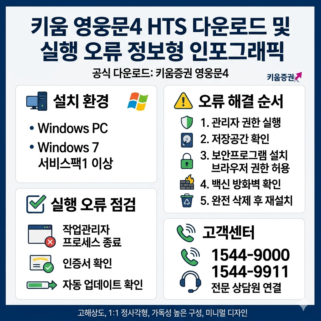 키움 영웅문4 HTS 다운로드 및 실행 오류 해결 방법 인포그래픽