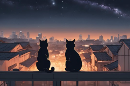 고양이 두 마리가 마을을 바라보는 장면
