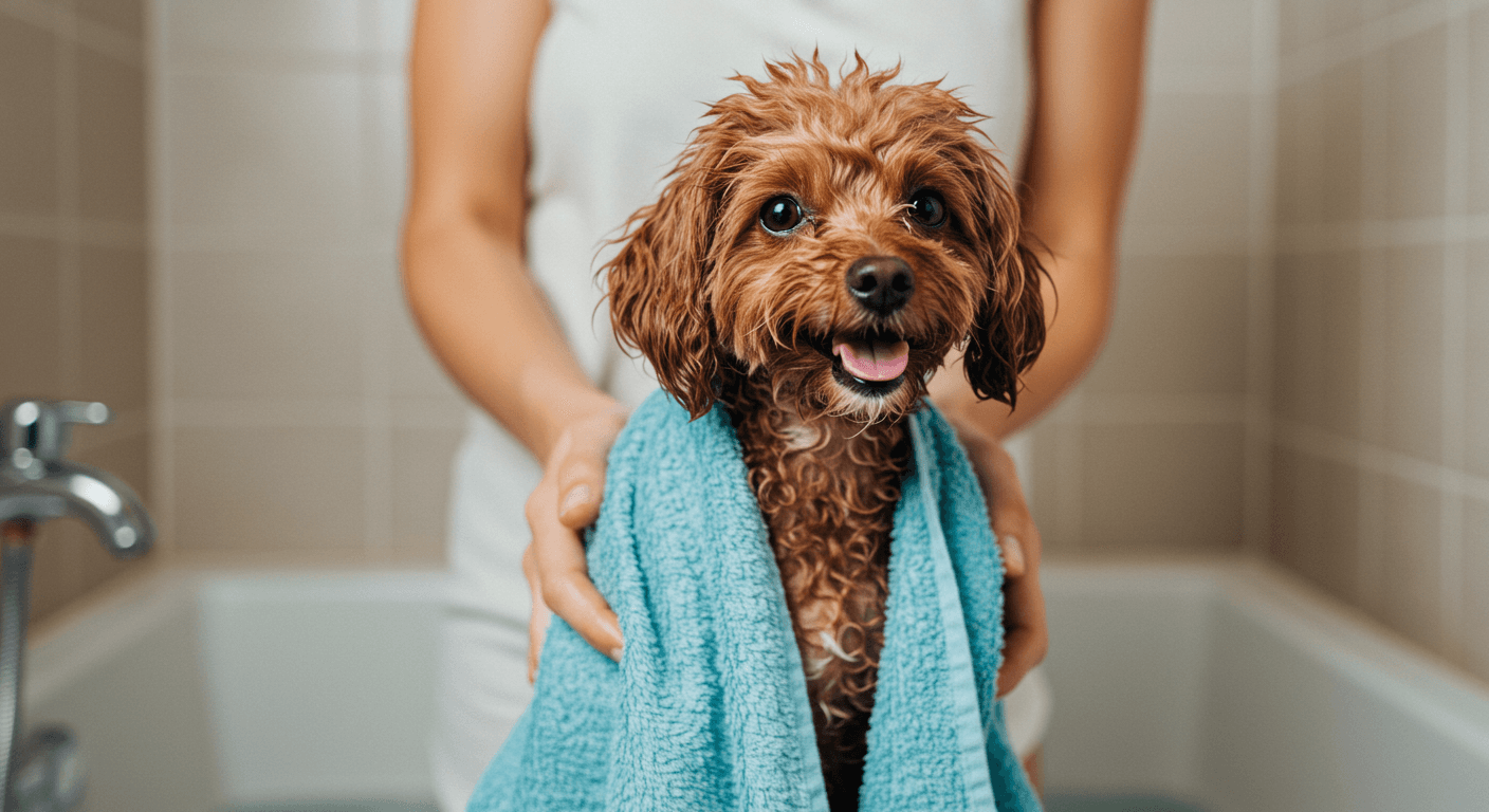 목욕 후 수건에 싸인 행복한 댕댕이