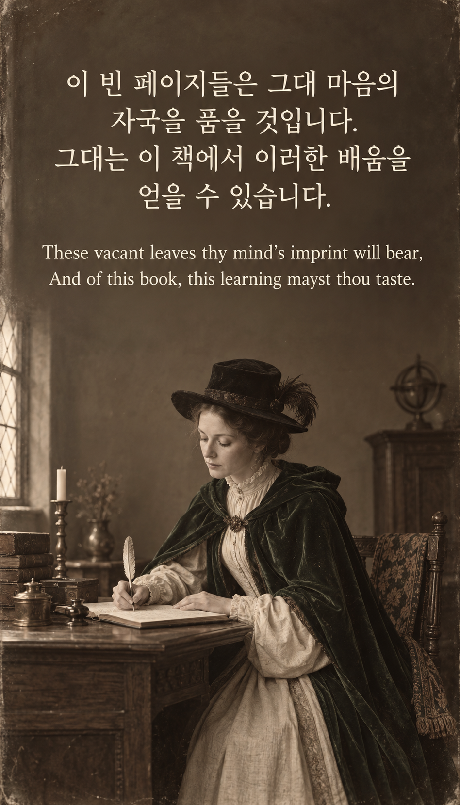 빈 페이지에 남기는 마음: 이 빈 페이지들은 그대 마음의 자국을 품을 것입니다. 그대는 이 책에서 이러한 배움을 얻을 수 있습니다. 초기 사진 질감의 시대 재구성, 짙은 초록 외투와 검은 시대 모자를 쓰고 깃펜으로 글을 쓰는 여성.