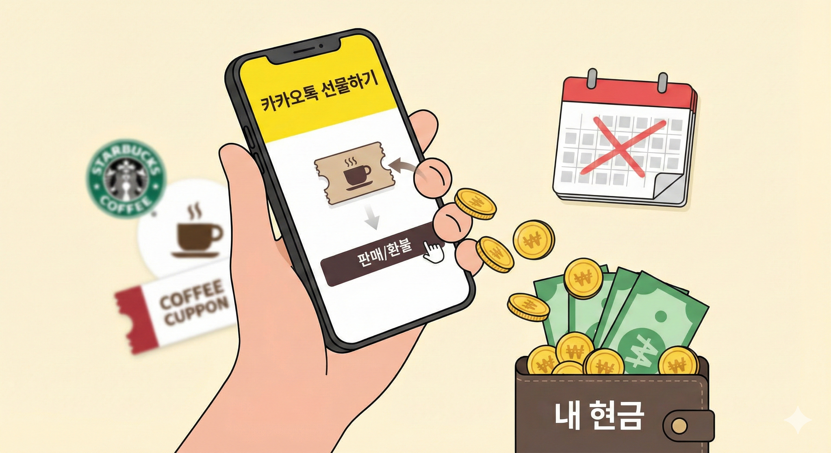2026년 기프티콘 판매 및 환불 꿀팁 일러스트 (스마트폰 화면 속 카카오톡 선물하기 커피 쿠폰을 '판매/환불' 버튼을 눌러 현금으로 교환하는 모습. 유효기간이 지난 달력과 안 쓰는 쿠폰이 동전과 지폐로 변해 '내 현금' 지갑으로 쏟아져 들어오는 장면)