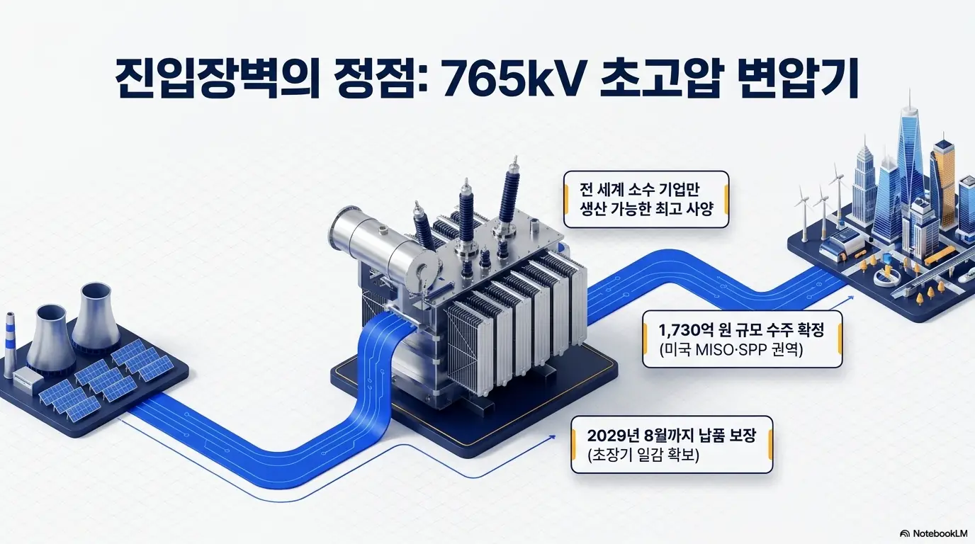 HD현대일렉트릭 주가 전망: HD현대일렉트릭의 765kV 초고압 변압기를 중심으로 발전소와 도시 전력망을 연결한 인포그래픽. 전 세계 소수 기업만 생산 가능한 최고 사양으로 미국 MISO&middot;SPP 권역에서 1&amp;#44;730억 원 규모 수주를 확정하고 2029년 8월까지 납품을 보장한다는 내용을 시각화했다. 