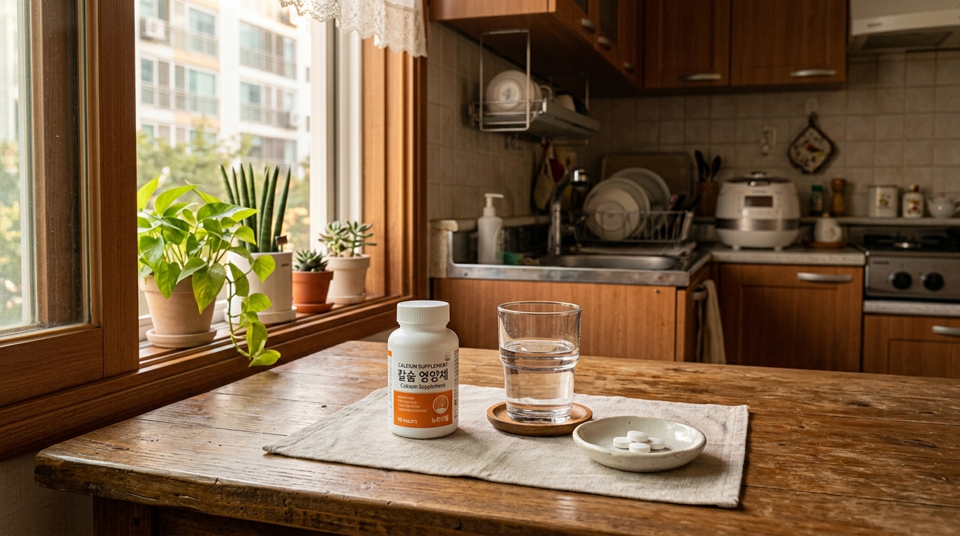 칼슘제와 물컵이 놓인 한국 가정 주방 테이블